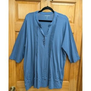 Women Within Women's Large 18/20 Tunic Top Long Sleeves Embroidered Blue Knit